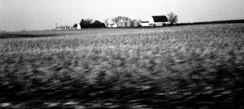Farmland from the window of a speeding car