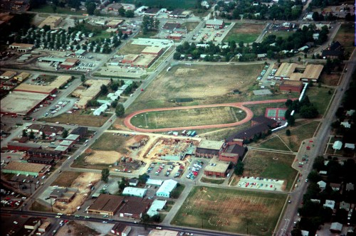 Aerial photo of Central High School on Caruthers Ave c early 1970s