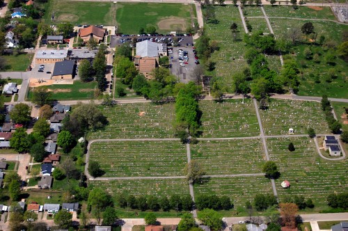 Aerial Old Notre Dame HS - New Lorimier and Fairmont Cemeteries 04-17-2011_5226