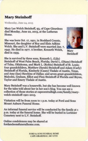 Mary Steinhoff obit card Funeral Docs 03 06-24-2015