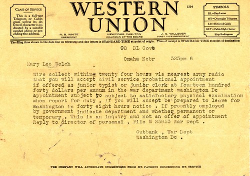 Mary Welch Steinhoff telegram