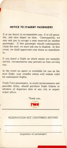 KLS TWA Student Standby ticket 03-19-1967
