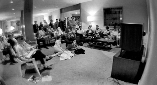 Ohio University students watch LBJ annouce he won't run for POTUS 03-31-1968