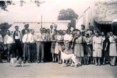 Mary Welch Steinhoff at right in front of Prather Building in Advance