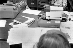 Ohio University Post editor Andy Alexander works while Clarence Page (with toy gun) and Mark Roth clown around 09-26-1968