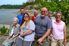 River levels were low enough for Geocachers to make it to Tower Rock by Kayak 08-04-2012 L to R front row: Mary Steinhoff, Martha Koeller, Stan Koeller, Susie Nelson; back row: Rob McClelland, Randy Spooner, Jim Nelson