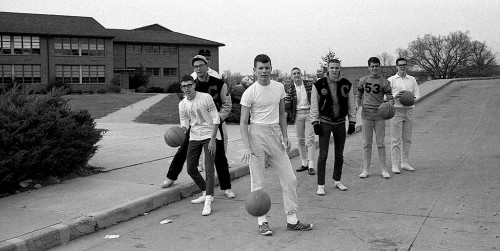Cape Girardeau Central High School students with basketballs in front of school