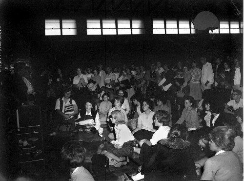 Cape CHS Students watching JFK assasination news on TV in gym