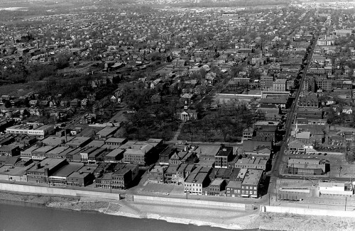 Cape Girardeau Downtown District looking up Broadway; 1960s aerial photo