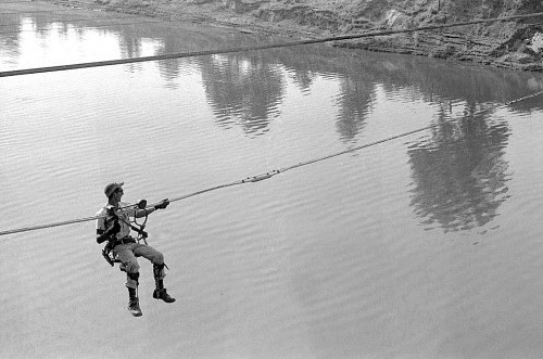 Lester Harris SW Bell repairman over the Diversion Channel 08-18-1965