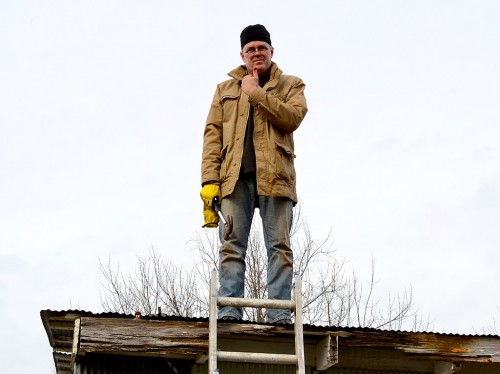 Mark Steinhoff repairing roof at Dutchtown 02-09-2013