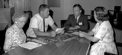 Gladys Stiver, Gary Rust and others at Jackson courthouse c Aug. 1964