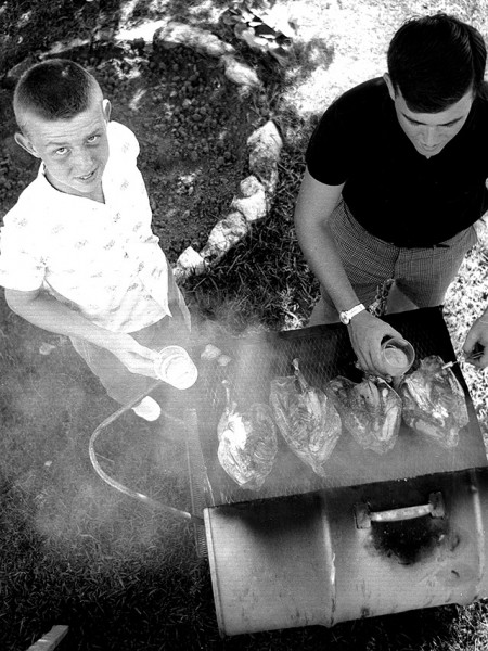 Tom Holt grilling chicken c 1965