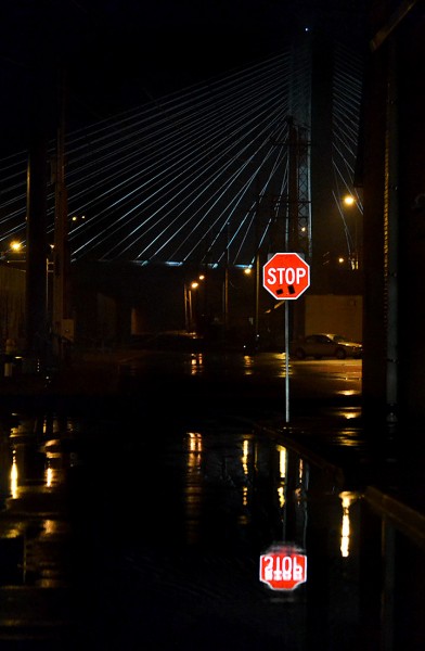 Water Street and bridge in rain 04-02-2014