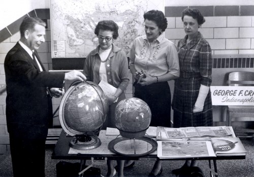 George F. Cram salesman with Ruby Davis, Norma Sanders and Vivien Kies c 1964