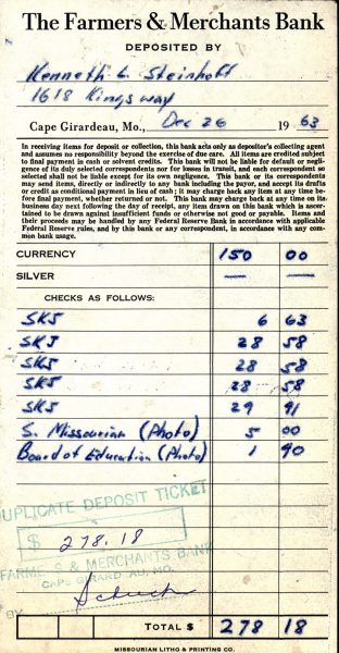 Ken Steinhoff deposit slip 12-26-1963